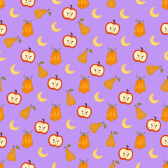 Halloween seamless pattern background design with apples, pear and other cozy autumn or festive elements on purple background.