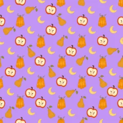 Fotobehang Halloween seamless pattern background design with apples, pear and other cozy autumn or festive elements on purple background. © Zhamilya