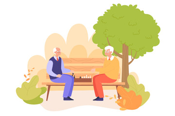 Old men playing chess on park bench together. Elderly people or friends playing logic game outside flat vector illustration. Chess, hobbies, retirement concept for banner or landing web page