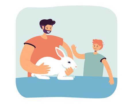 Father and happy son adopting white rabbit. Man holding cute domestic animal flat vector illustration. Love to animals, adoption, family concept for banner, website design or landing web page