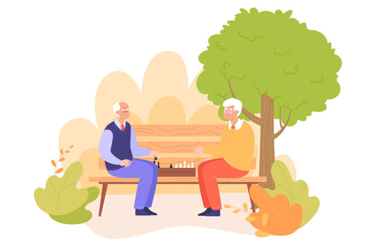 Old Men Playing Chess On Park Bench Together. Elderly People Or Friends Playing Logic Game Outside Flat Vector Illustration. Chess, Hobbies, Retirement Concept For Banner Or Landing Web Page