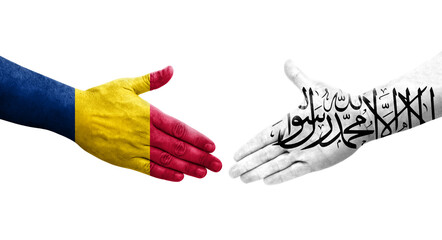 Handshake between Afghanistan and Chad flags painted on hands, isolated transparent image.