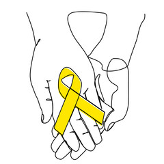 continuous line Hand holding a yellow ribbon to support people living and sick September Suicide Prevention Day Pediatric Cancer Awareness Month and the concept of world cancer day