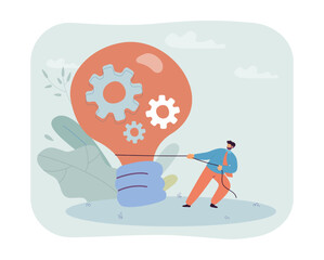 Businessman pulling big light bulb with gears inside. Business innovation of tiny person flat vector illustration. Inspiration, entrepreneurship concept for banner, website design or landing web page