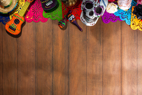 Spanish Mexican Traditional Holiday, Autumn Festival Day Of The Dead (dia De Los Muertos) Background. With Traditional Pan De Muerto Bread, Decorations And Marigold And Cempasuchil Flowers