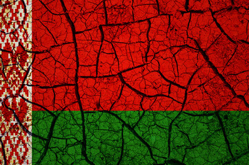 Dry soil pattern on the flag of Belarus. Country with drought concept. Water problem. Dry cracked earth country.