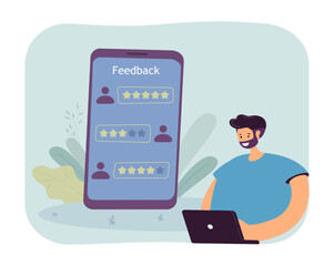 Customer using mobile app in phone to check online review. Tiny man with laptop ranking experience flat vector illustration. Feedback, evaluation concept for banner, website design or landing web page