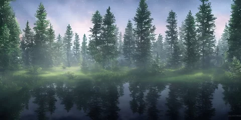 Papier Peint photo autocollant Forêt dans le brouillard Summer landscape of a coniferous forest near the water