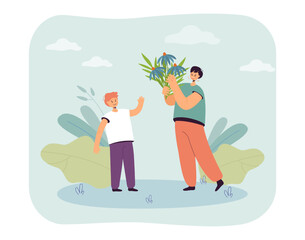 Summer walk of mother holding bouquet of flowers and son. Happy woman and boy enjoying nature together flat vector illustration. Family, youth concept for banner, website design or landing web page
