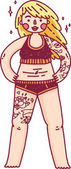 Body positive plus size girl with tattoo. Cute woman character with belly folds in cartoon style