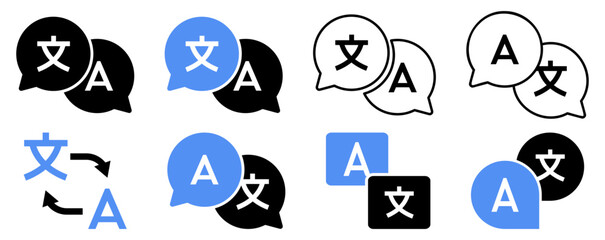 Language translation icons in different styles. Vector illustration