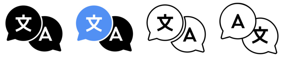 Set of icon for translator. Chat bubbles with language translation icons in different styles. - obrazy, fototapety, plakaty