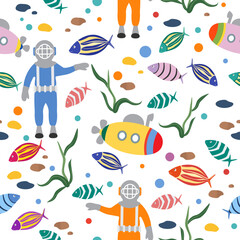 Childish Marine Pattern Diver Submarine Underwater