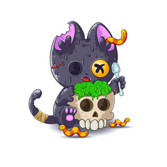 Cartoon kitten with worms eating brains from a skull. Halloween vector illustration isolated on white background. Suitable for postcards, t-shirts, mugs, and more.