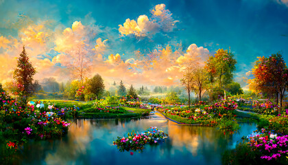 The natural landscape with canals and flowers. Advertising for books, illustrations and cartoons.