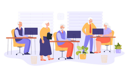 Senior employees talking in office or at meeting. Elderly persons at work, old business people working at computers flat vector illustration. Old age, workplace concept for banner or landing web page
