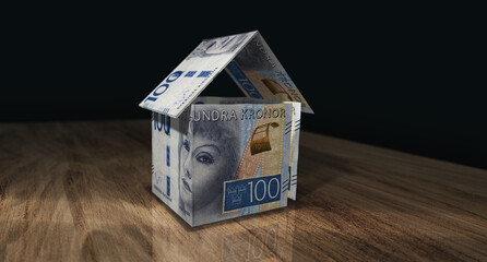 Sweden Krona 100 SEK money banknotes paper house on the table 3d illustration