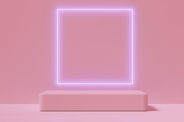 Podium and neon frame on the wall on a pink background, 3d render