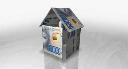 Sweden Krona 100 SEK money banknotes paper house on the table 3d illustration