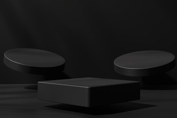 Three flying podiums on a black background, 3d render