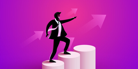 Businessman stands on a growing chart and points the way. Leadership concept.