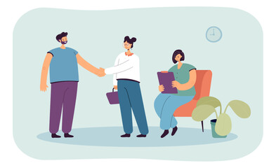 Handshake of business people at corporate office meeting. Agreement, deal between man and woman flat vector illustration. Partnership, contract concept for banner, website design or landing web page