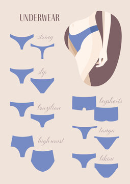 Types of woman underwear . Flat female figure in panty. Nude, pastel panties. A4 vector illustration poster for lingerie store, shop.