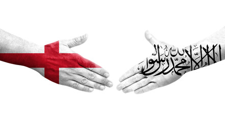 Handshake between Afghanistan and England flags painted on hands, isolated transparent image.