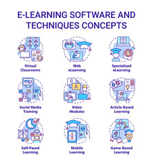 Elearning platform and techniques concept icons set. Online education idea thin line color illustrations. Isolated outline drawings