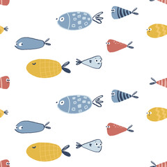 Seamless pattern with cute colored hand drawn fishes. Nice funny doodle water animals with big eyes and small fins. Vector illustration.