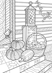 Coloring book for adults and children hygga. Autumn still life in zentangle technique. Pumpkins, a basket of apples, a cat and a lantern on the porch of the house...