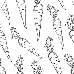 seamless colorless pattern with carrots, contour drawing by hand, hatching