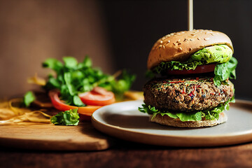A delicious vegan burger on the plate on the table, healthy vegan food - obrazy, fototapety, plakaty