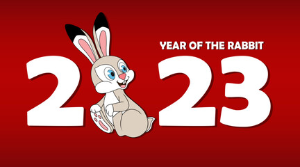 Happy new year 2023. White numbers with cute sitting rabbit on red background. Cartoon Rabbit as symbol of 2023 Chinese New Year. Holiday template for card, poster, banner, brochure, calendar, flyer.