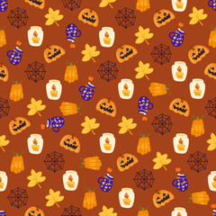Halloween pattern with different pumpkins, spooky jack o lantern,candles and leaves.