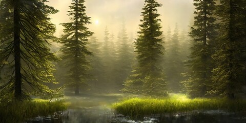 Obraz premium Summer landscape of a coniferous forest near the water