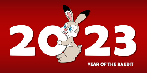 Happy Chinese new year background 2023 with cute rabbit holding number. Rabbit as symbol of 2023 New Year. Year of the rabbit. Template for card, poster, banner, brochure. New year art for kids.