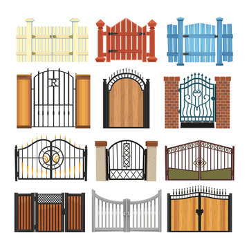 Fence gates set. Vector illustrations of manor barriers with closed doors, ornaments and decoration. Cartoon wrought iron, brick and wooden constructions isolated on white. Entrance, city concept