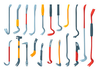 Crowbars for repairman toolbox flat vector illustrations set. Collection cartoon drawings of instruments for repair work or crowbar isolated on white background. Carpentry, construction concept