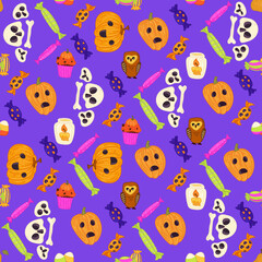 Halloween seamless pattern background design with pumpkin lantern, owl,candies, and other scary or festive elements on purple background.