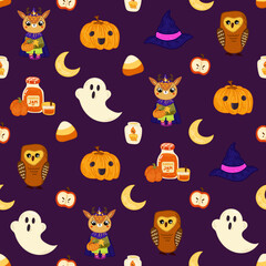 Halloween seamless pattern background design with pumpkin lantern, ghost, moon, candies, and other scary or festive elements on dark purple background.