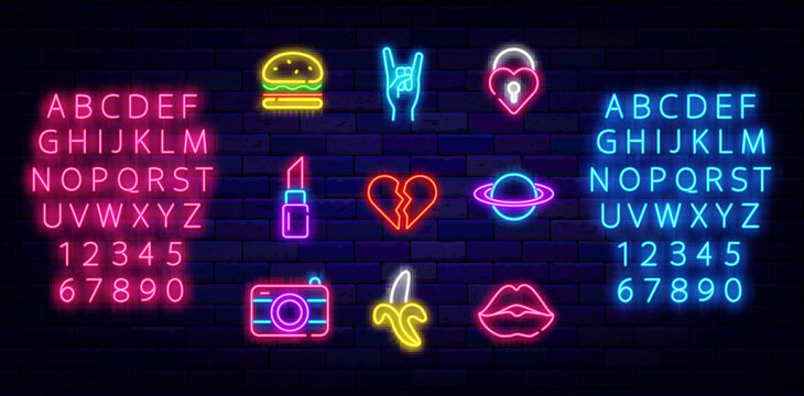 Pop art neon icons collection. Broken heaart, planet and photo camera. Woman lips, burger. Vector stock illustration