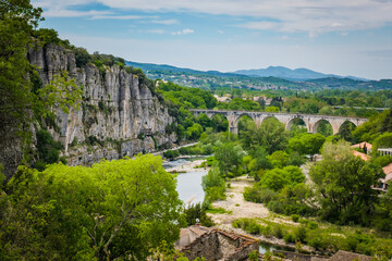 View on the Ardeche river from the village of Vog&ucirc;&eacute; in the south of France