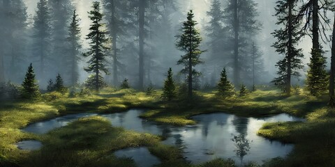 Summer landscape of a coniferous forest near the water