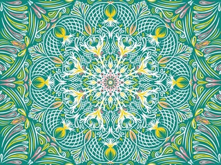 Fototapeta na wymiar Mandala with floral patterns. Yoga template. Round gradient mandala on white isolated background. Boho mandala with watercolor background. Digital art illustration
