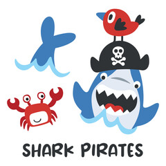 Funny pirate shark cartoon with little friends under the sea, isolated on white background illustration vector.