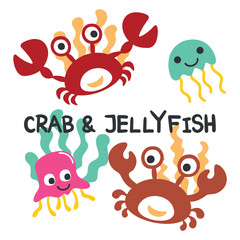 Naklejka premium Cartoon sea animals set. Cute funny crab and jellyfish. can be used for kids baby t shirt print design, fashion graphic, baby shower card, celebration greeting and invitation card