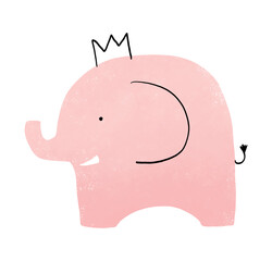 Baby Shower Vector Illustration with Cute Pink Elephant on a White Background. Lovely King Elephant in a Black Crown. Baby Girl Party Decoration.Hand Drawn Nursery Art ideal for Card,Poster, Wall Art.