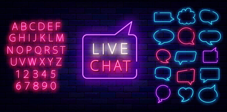 Live chat neon sign in speech bubble. Online communication. Help center emblem. Vector stock illustration
