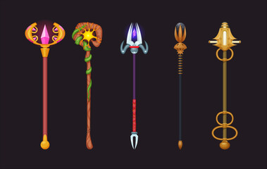 Vector hand drawn set of magic scepters and staves isolated on dark background.
